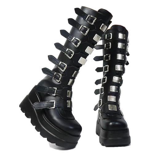 Gothniero High Platform Knee Boots Chunky Heel Wedge Black Boots For Women Combat Goth Punk Motorcycle Booties Zip up With Metal Buckles Size5-11 - Black1