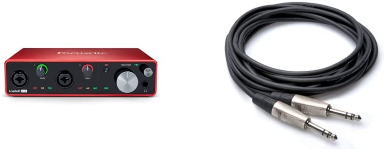 Focusrite Scarlett 4i4 3rd Gen USB Audio Interface, for Musicians, Songwriters, Guitarists, Content Creators & HOSA HSS-005 REAN 1/4" TRS to REAN 1/4" TRS Pro Balanced Interconnect, 5 Feet - 4i4 (2 Mic Pres) Interface + Interconnect, 5 Feet