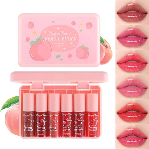 6 Colors Peach Lip Tint Stain Set, Korean Lip Tint Lip Stain Lip Gloss Mini Liquid Lipstick Set, Multi-Use Lip and Cheek Tint, Long Lasting, Waterproof, High Pigment, Vivid Color, Lip Tint Makeup - peach