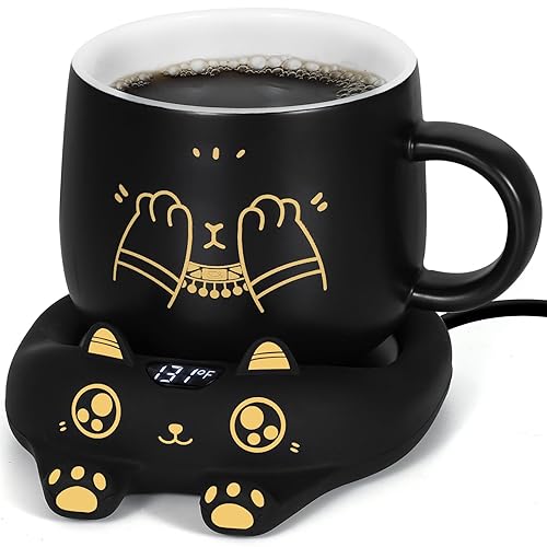 PUSEE Coffee Mug Warmer & Cute Cat Mug Set, Coffee Cup Warmer for Desk with Auto Shut Off, Beverage Warmer with 3 Temp Settings, Candle Warmer Coffee Warmer with Mug Set for Christmas & Birthday Gifts - Ador Black Set