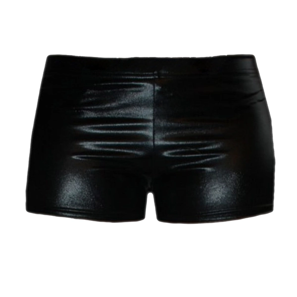 Dam hotpants i våt look, svart glänsande, PVC, minishorts, storlek 34–40