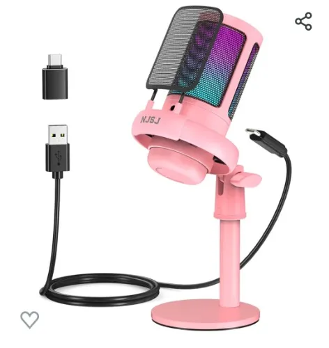 NJSJ USB-mikrofon för PC, spelmikrofon för PS4/PS5/Mac/telefon, kondensatormikrofon med touch-tyst, lysande RGB-belysning, förstärkningsknopp och övervakningsuttag för streaming, podcasting (rosa) - Rosa