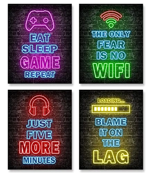 Printed Neon Gaming Posters Set of 4 (8”X 10”), Boys Room Decorations for Bedroom, gamer wall art,Gamer, Teen boy bedroom, game room, No Frames