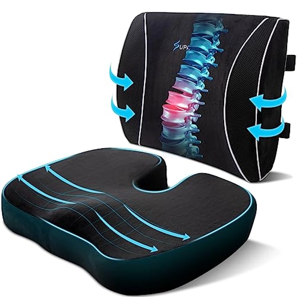 SUPA MODERN Seat Cushion for Office Chair, Gaming Chair Memory Foam Seat Cushion and Lumbar Support Pillow, 3D Breathable Mesh Lumbar Support for Wheelchair Home, Car Back Pillows (Ultra Soft VETVET)