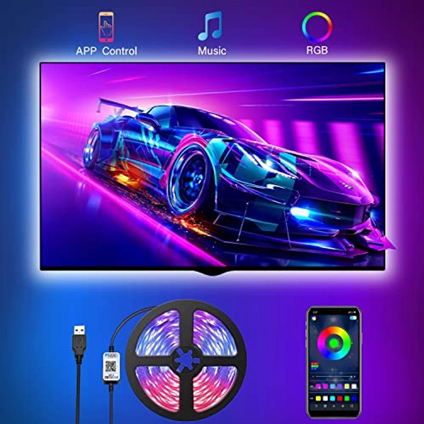TV LED Backlights 9.8FT, Romwish LED Strip Lights with Bluetooth APP Control for 40-60 inch TV, 16 Million Colors, Music Sync Color Changing, Timing Function, Adapter USB Powered