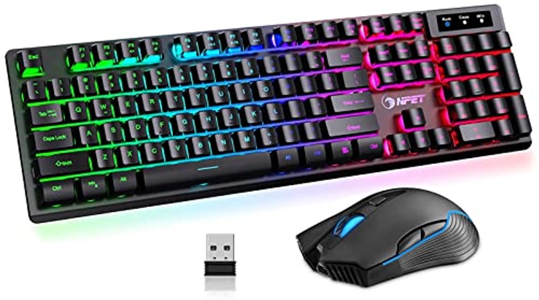 NPET S21 Wireless Gaming Keyboard and Mouse Combo, LED Backlit Rechargeable 3800mAh Battery, Mechanical Feel Anti-ghosting Keyboard + 7D 3200DPI Mice for PC Gamer (Black)
