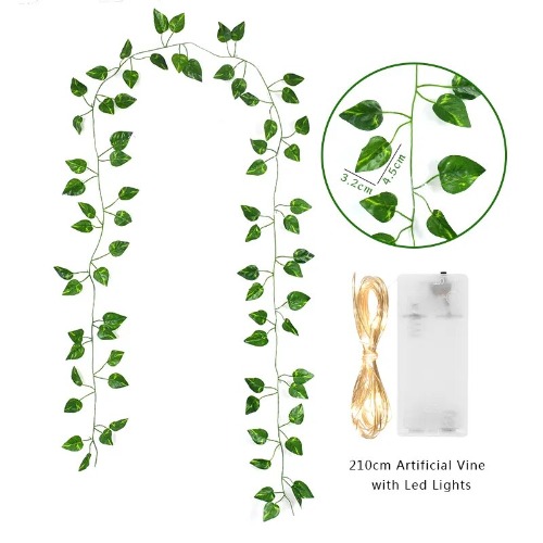 2 Meter Fake Green Leaf Ivy Vine with LED String Lights for Cozy Gaming Set Up - Pothos / 1Pc