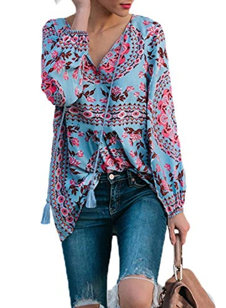 Buy Women's V Neck Long Sleeve Boho Floral Shirts Casual Loose