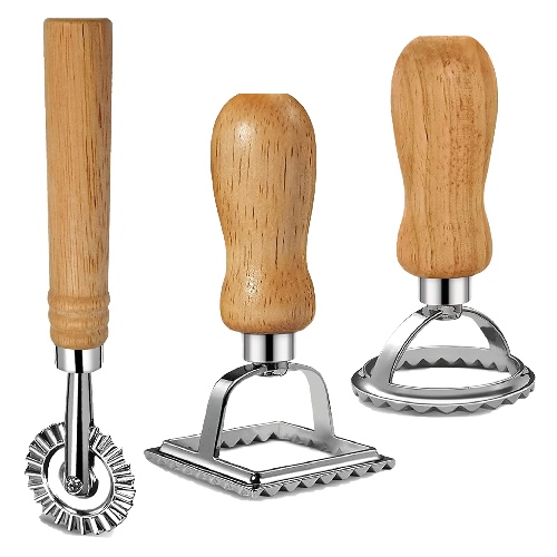 Ravioli Maker Stamp Cutter with Roller Wheel Set - Pasta Maker Mold with Wooden Handle and Fluted Edge - Ravioli Cutter and Press Stamp for Pasta, Dumplings Lasagna, Pierogi - 3 Set with Cutter
