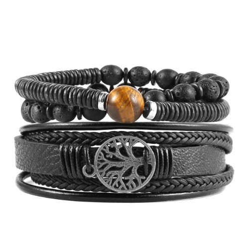 HZMAN Genuine Leather Tree of life Bracelets Men Women, Tiger Eye Natural Stone Lava Rock Beads Ethnic Tribal Elastic Bracelets Wristbands - Tiger Eye Stone -- Black