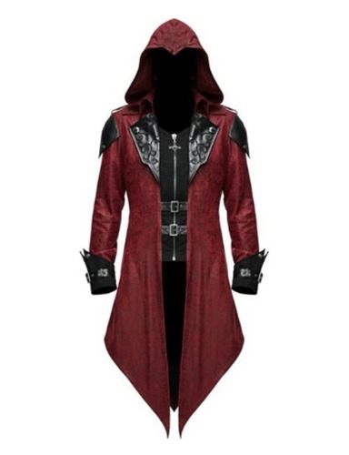 Men's Medieval Tailcoat Steampunk Vintage Spliced Hooded Trench Zipper Coat Gothic Dark Halloween Costume - X-Large Burgundy