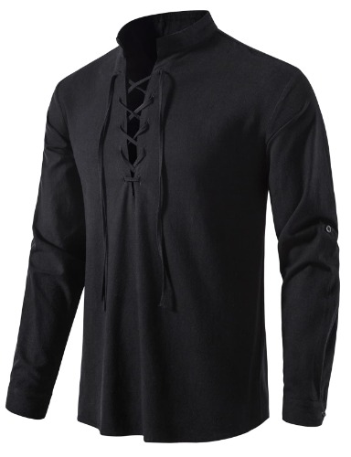 LucMatton Men's 100% Cotton Retro Style Lace up Long Sleeve Shirts for Medieval,Viking,Hippie Matching - Black X-Large