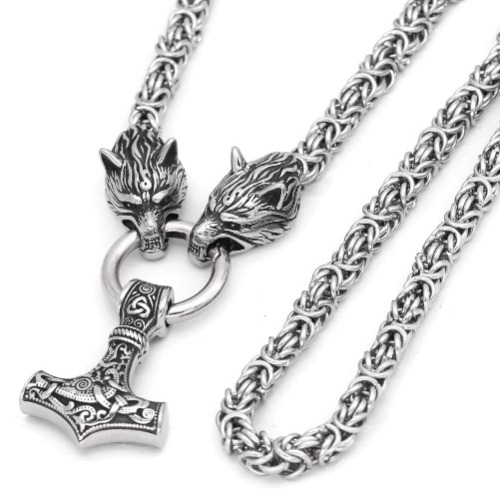 GuoShuang Wolf Head with Thor Mjolnir Pendant Necklace Stainless Steel - King Chain