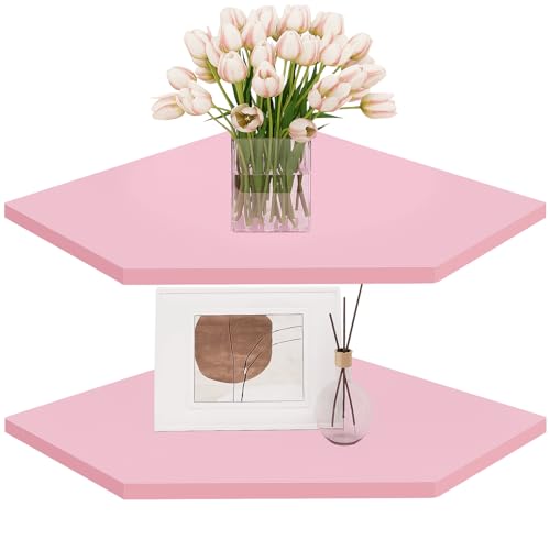 Homode Corner Floating Shelves, Corner Wall Shelf with Cord Hole, 2 Tier Wood Hanging Corner Shelf for Bathroom, Bedroom, Living Room, Pink - Pink