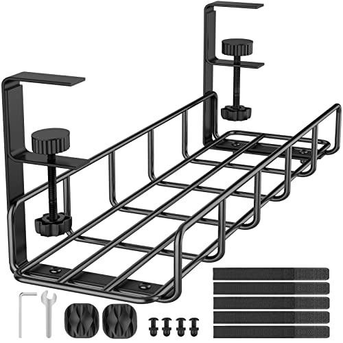 Under Desk Cable Management Tray, 15.7'' No Drill Steel Desk Cable Organizers, Wire Management Tray Cable Management Rack, Desk Cable Tray with Wire Organizer and Desk Cord Organizer - 1 Pack