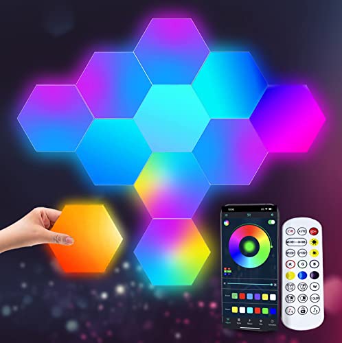 LED Light Panels Hexagon Lights, Smart RGB LED Wall Lights App & Remote Control Gaming Lights Music Sync Hexagon Light Panels DIY Geometry Ambience Lighting for Gaming Room Bedroom Streaming,10 Panels - 10 Pack