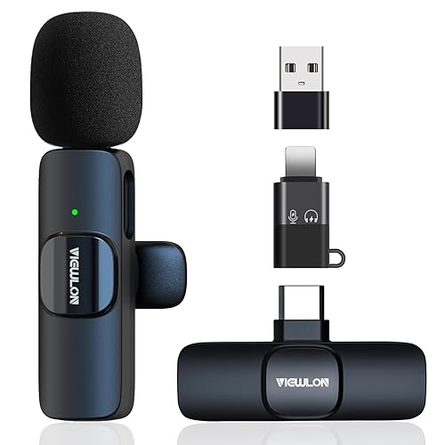 VIEWLON Wireless Microphone for iPhone/Android/PC, Mini Microphone for Video Recording, Plug and Play Lavalier Microphone, Lapel Wireless Mic with Noise Reduction - 3-IN-1