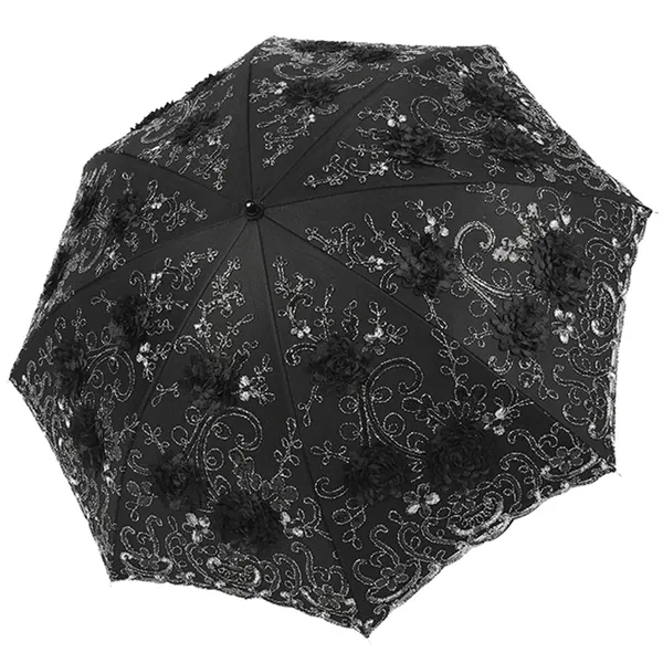 Honeystore Vintage Lace UV Sun Parasol Folding 3D Flower Embroidery Umbrella 6218 Black - 01Black