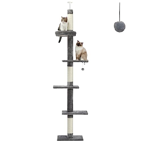 PETEPELA Cat Tower 5-Tier Floor to Ceiling Cat Tree Height(95-107 Inches) Adjustable, Tall Climbing Tree Featuring with Scratching Post, Cozy Bed,Interactive Ball Toy for Indoor Cats/Kitten Grey - 95"-107" with Cat Bed - Grey Plush