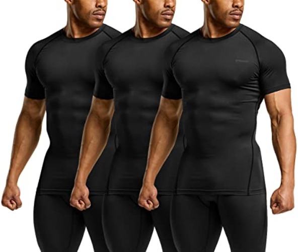 TSLA 1 or 3 Pack Men's UPF 50+ Quick Dry Short Sleeve Compression Shirts Core 3pack Tops a Black