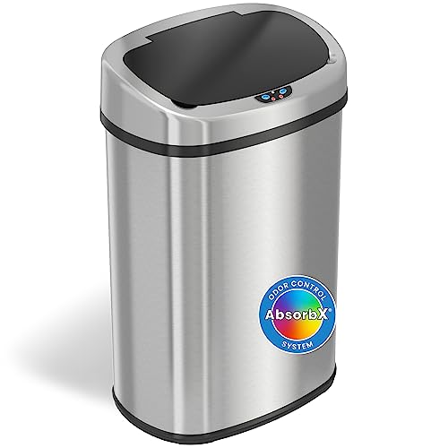 iTouchless SensorCan 13 Gallon Trash Can with Odor Filter, Stainless Steel Oval Automatic Trashcan for Home Office Bedroom Living Room Garage Large Capacity Slim Space-Saving Trash Bin - Oval Stainless Steel - Trash Can