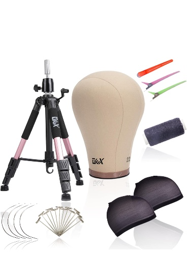 GEX 22" Canvas Cork Wig Head with 55" Mannequin Tripod For Wig Making Cosmetology Hairdressing Display Training Doll Head Adjustable Alloy Stand - 22“