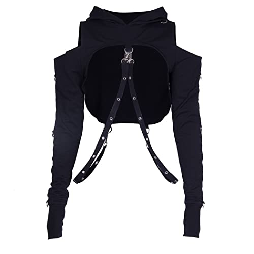 Goth Crop Top Hoodies For Women Hoodie Aesthetic Punk Black Sweatshirt Rave Outfit Emo Teen Girls Long Sleeve - Black Hollow Out Hoodie - Medium