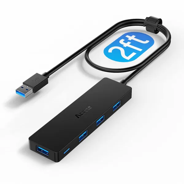 Aceele USB Hub 3.0 Splitter with 2ft Extension Long Cable Cord, 4-Port Extra Slim Multiport Expander for Desktop Computer PC, PS4, Laptop, Chromebook, Surface Pro 3, iMac, Flash Drive Data and More