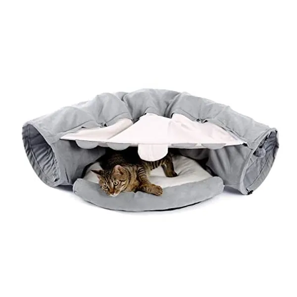 
                            PAWZ Road Cat Tunnel Bed Multi-Function Cat Tube Nest with Soft Cushion and Dangling Ball Toy for Cats Grey
                        