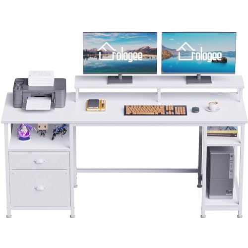 Furologee 61" Computer Desk with Fabric File Cabinet & Drawer, Reversible White Desk with Storage Shelf, Office Desk with Long Monitor Stand, Writting Desk Workstation, for Home/Office/White - White - 61in NO Outlets
