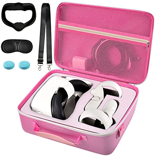 Carrying Case Compatible with Meta/for Oculus Quest 2 All-in-One VR Gaming Headset and Touch Controllers, Trave Storage Bag with Silicone Face Cover & Lens Protector&Accessories - Pink - Pink+Pink Sponge