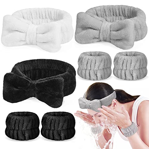 Crosize 7 Pack Face Wash Headband and Wristband Set for Women, Cute Spa Skin Care Headband for Washing Face, Terry Cloth Facia Headband and Wrist Towels for Washing Face, Makeup, Skincare - White, Grey, Black