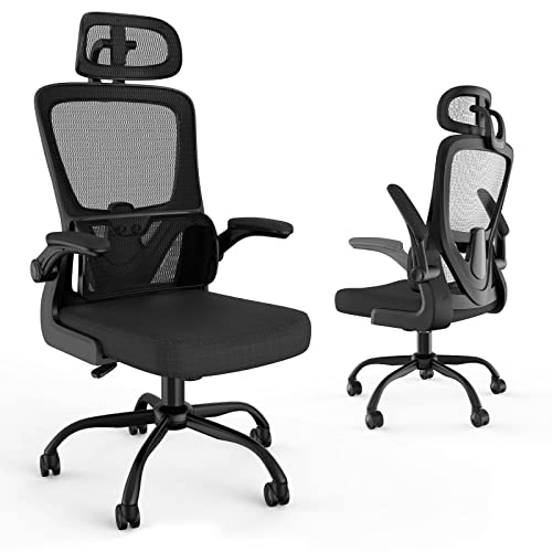 Laziiey Home Office Desk Chairs Ergonomic Chair with Lumbar Support Flip Up Arms Mesh Computer Chair with Comfortable Wide Seat Adjustable Headrest (Black) - Black 01