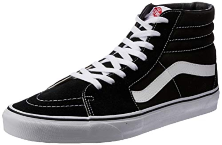 VANS Sk8-Hi Unisex Casual High-Top Skate Shoes, Comfortable and Durable in Signature Waffle Rubber Sole - 9 Women/7.5 Men - Black/Black/White