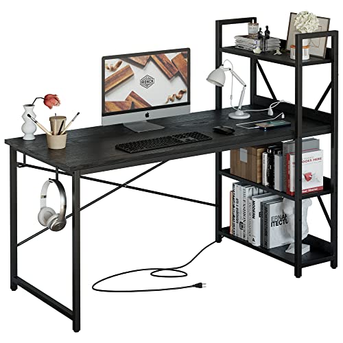 IRONCK Computer Desk 55" with Power Outlet & Storage Shelves, Study Writing Table with USB Ports Charging Station, PC Desk Workstation for Home Office, Black - 55 inches - Black