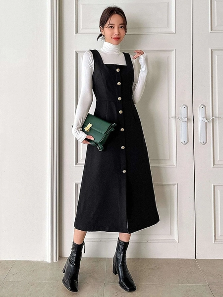 Women Overall Dresses | Vintage Black Button Front Midi Overall Dress | Great Gift for Her, Office & Casual, Fall Winter