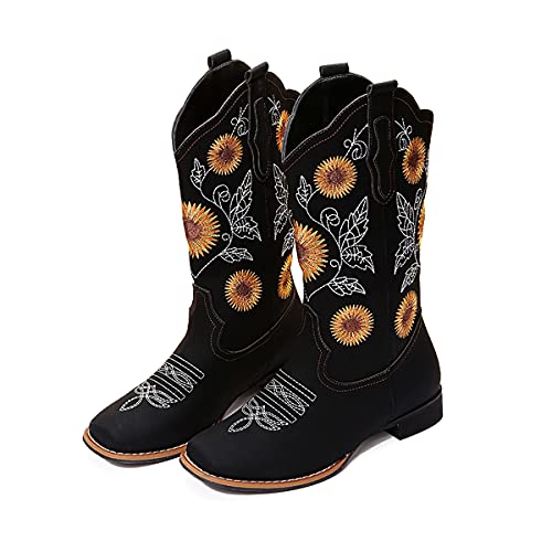 gloryinterest Cowboy Boots for Women Mid Calf Cowgirl Western Boots Sunflower Embroidery Stitched Square Toe Low Heel Black Brown Yellow US6-10.5 - 9 - Black