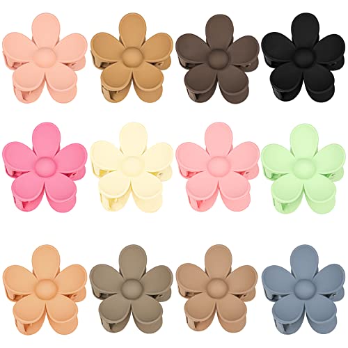 12 Pieces Flower Claw Clips Large Hair Jaw Clips for Women Girls Thick Hair Strong Hold Hair Catch Clamps 12 Colors Matte Big Hair Claw Clips for Thin Hair (Neutral Colors) - khaki, black, white, coffee