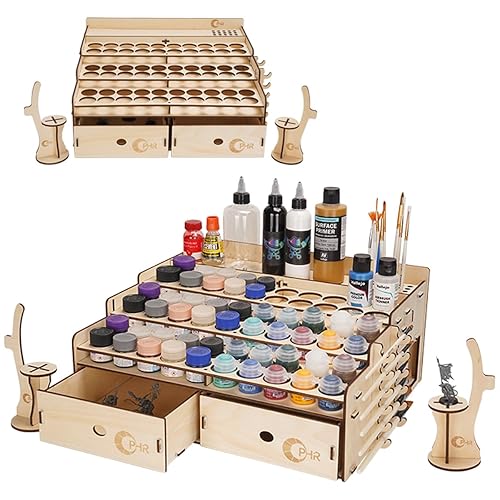 OPHIR Wooden Paint Organizer, Miniature Painting Storage Rack for 60 Acrylic Paint Bottles with 2 Drawers, 2 Painting Handle, 25 Paint Brush Holes and 1 Brush Holder for Miniature Paint Set - 60 Citadel Paint Holes+2 Drawers+2 Painting Handles+1 Brush Holder