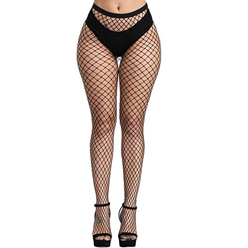 E-Laurels Womens High Waist Patterned Fishnet Tights Suspenders Pantyhose Thigh High Stockings Black - Black Fishnet Tights L_hole