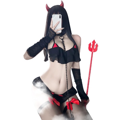 YOMORIO Anime Lingerie Cute Cat Sexy Devil Cosplay Costume Chiffon Bra and Panty Set