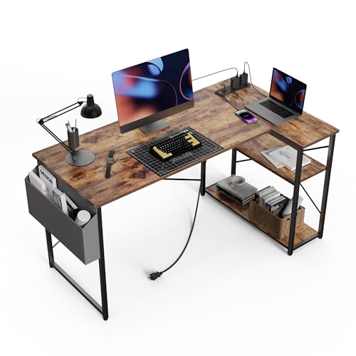TIQLAB Small Computer Desk with Power Outlets, 40 Inch L Shaped Desk with Reversible Shelves, Gaming Desk Corner Desk Study Writing Desk for Home Office Bedroom Small Space, Rustic Brown - 40 Inch - Rustic Brown