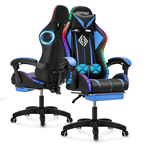 Gaming Chair with Bluetooth Speakers and RGB LED Lights Ergonomic Massage Video Game Chair with Footrest High Back with Lumbar Support Blue and Black - Blue+black