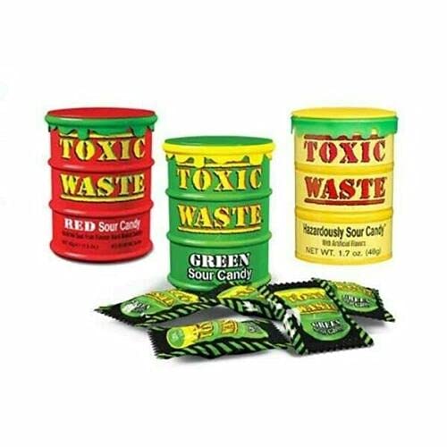 Halloween Trick or Treat Sweets, Candy Mix - Toxic Waste Mix of 3 Tubs with Different Flavours of Red Sour Candy, Green Sour Candy and Yellow Sour Candy