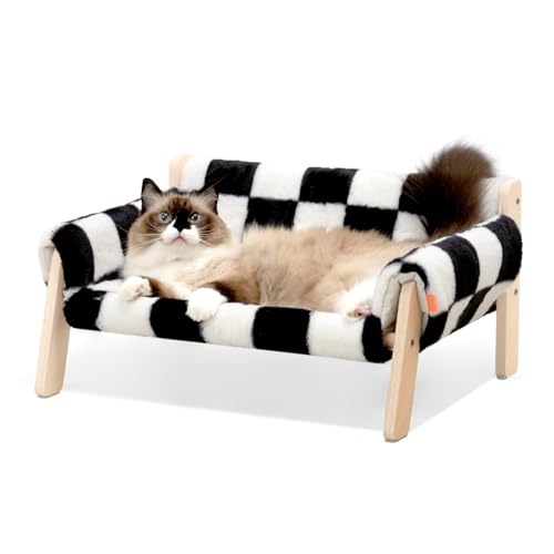 MEWOOFUN Large Cat Bed Sturdy Wooden Leg Raised Cat Sofa Bed Kitten Bed for Indoor Cats - Soft Cat Couch with Removable Cover Hold up 15kg, 56x45cm Checkerboard - 56x45x27cm - Checkerboard