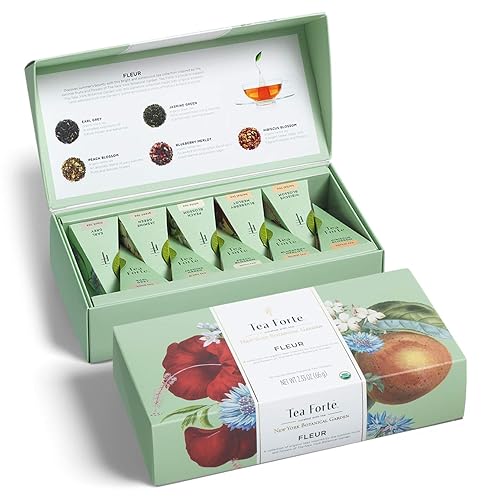 Tea Forte Fleur Organic Tea Assortment, Petite Presentation Box, Sampler Gift Set With Handcrafted Pyramid Infusers, 10 Count (Pack of 1) - Sampler - Fleur