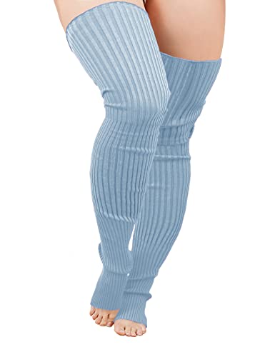 v28 Plus Size Knit Leg Warmer Women Thick Thigh High Boot Extra Long Large Socks - Plus Size- Light Blue