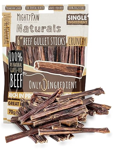 Mighty Paw - Beef Gullet Sticks for Dogs (6 Inch - 30 Pack) | Premium Beef Esophagus Dog Treats. Gullet Sticks, Ideal for Large and Small Dogs Teething and Light Chewing. Rawhide Free, Bulk Dog Chews - 0.08 Ounce (Pack of 30)