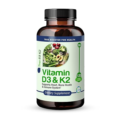 TRUEMED True Booster for Health Vitamin D3 & K2 Capsules - 125mcg D3 (5000 IU) & 90mcg K2 - Heart, Bone, and Immune Support - 120 Vegetarian Capsules - Easy-to-Swallow - Dietary Supplement.