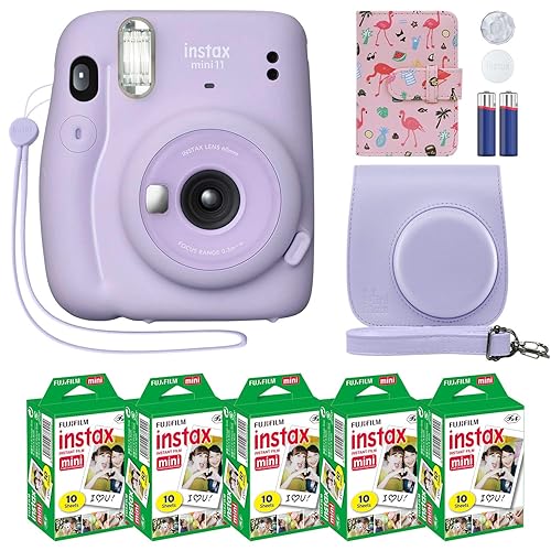 Fujifilm Instax Mini 11 Instant Camera Lilac Purple + Custom Case + Fuji Instax Film Value Pack (50 Sheets) Flamingo Designer Photo Album - Lilac Purple
